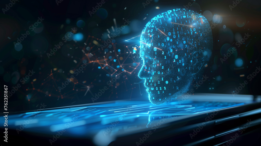 Obraz premium AI face profile in data stream.digital cyber technology
