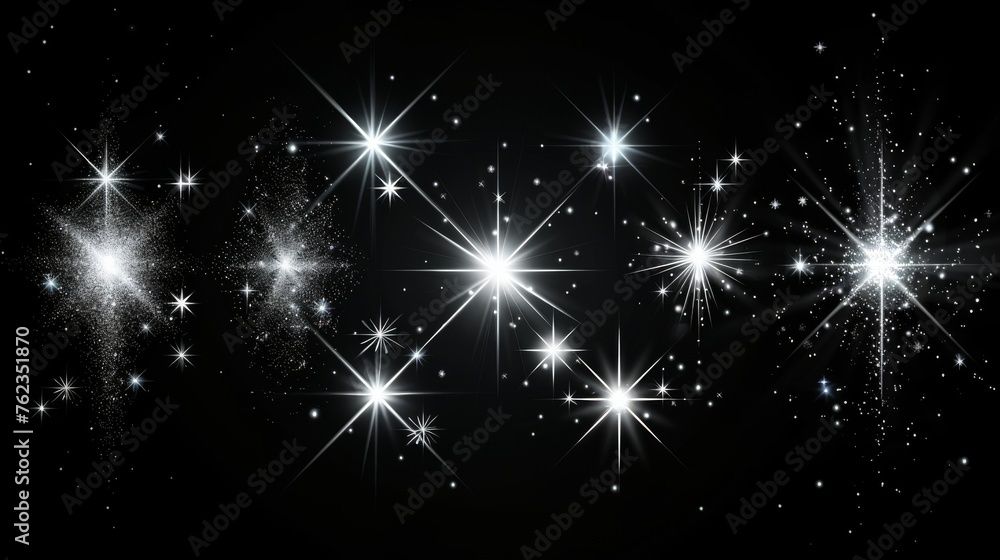Modern set of glowing starbursts isolated on black background for illustration template art design, banner for Christmas celebration, magic flash energy ray. - obrazy, fototapety, plakaty 