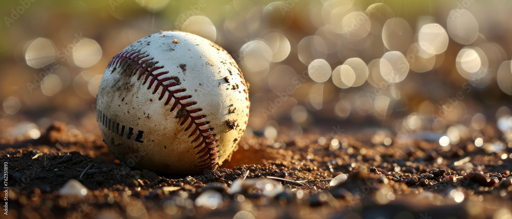 Dirty leather baseball ball on mud baseball field. Professional sport equipment. Close up. Generative ai Dirty leather baseball ball on mud baseball field. Professional sport equipment. Close up. Generative ai