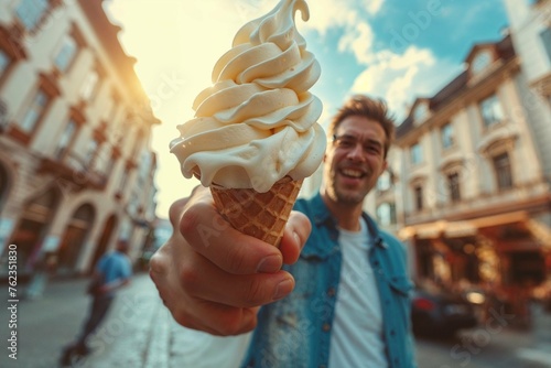 Photorealistic ai artwork of a man with an icec ream cone outstretched towards the camera. Generative ai.