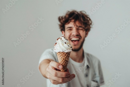 Photorealistic ai artwork of a man with an icec ream cone outstretched towards the camera. Generative ai. photo