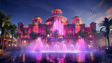 A beautiful pink palace with palm trees and fountains in front of it.
