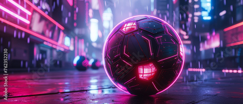 Soccer ball on neon, urban, futuristic background. Football, soccer illustration. Euro competition. Sport banner, mockup. Digital Euro championship. Generative ai