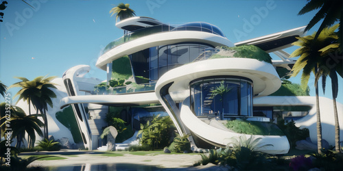 Futuristic luxury villa with tropical garden, 3d illustration