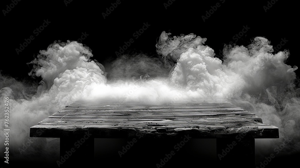 The background is black with smoke on the floor. The text is overlaid with a misty fog effect texture overlay.