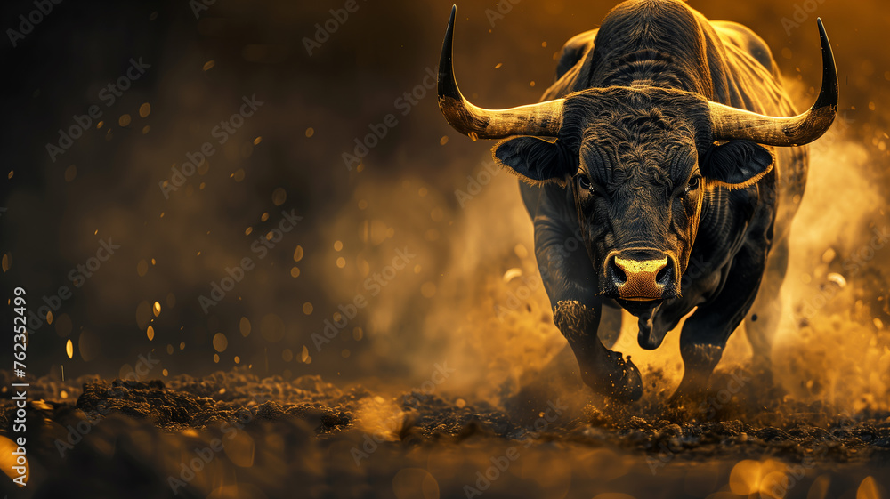 Gold bull with Bitcoin symbol. - obrazy, fototapety, plakaty 