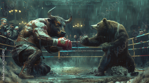 Bull and bear in boxing match. bitcoin concept