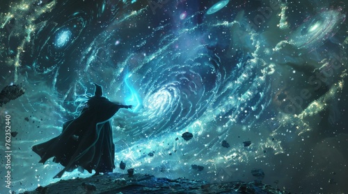 An animated 3D scene of a space wizard casting spells in zero gravity, with a backdrop of swirling galaxies