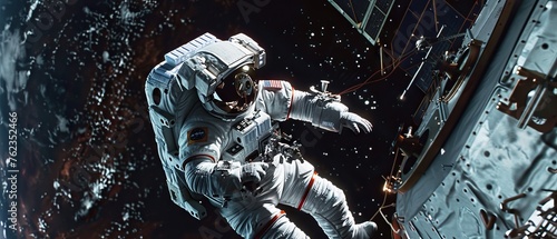 An astronaut engaging in a spacewalk repair on a damaged satellite, surrounded by the vastness of space photo