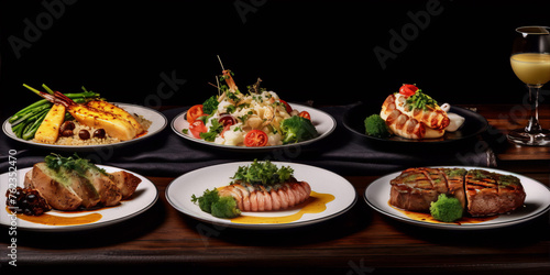 A variety of delicious food dishes are displayed on white plates on a wooden table.