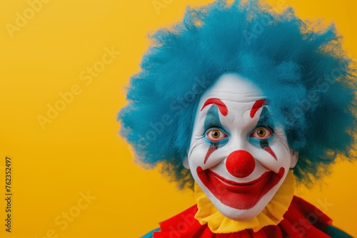Jovial clown with vivid blue afro wig, classic red nose beams with smile, bringing warmth, comedy against stark yellow background. Circus artist laughs while looking at the camera. April Fools Day