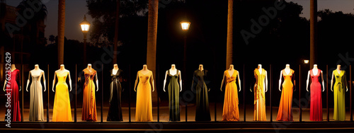 Fashion photography of elegant colorful evening gowns displayed on mannequins at night.