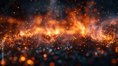 A fire embers particles on a black background. A fire sparks background. Abstract dark glitter fire particles. A bonfire in motion blur.