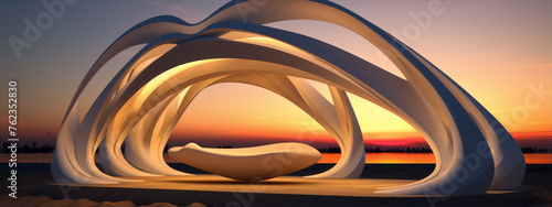Futuristic white sculpture on beach at sunset