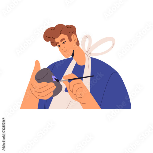 Ceramist holds ceramic pot in hands, decorates handcraft earthenware. Guy painting, draw on clay vase. Man makes handmade clayware. Pottery class. Flat isolated vector illustration on white background