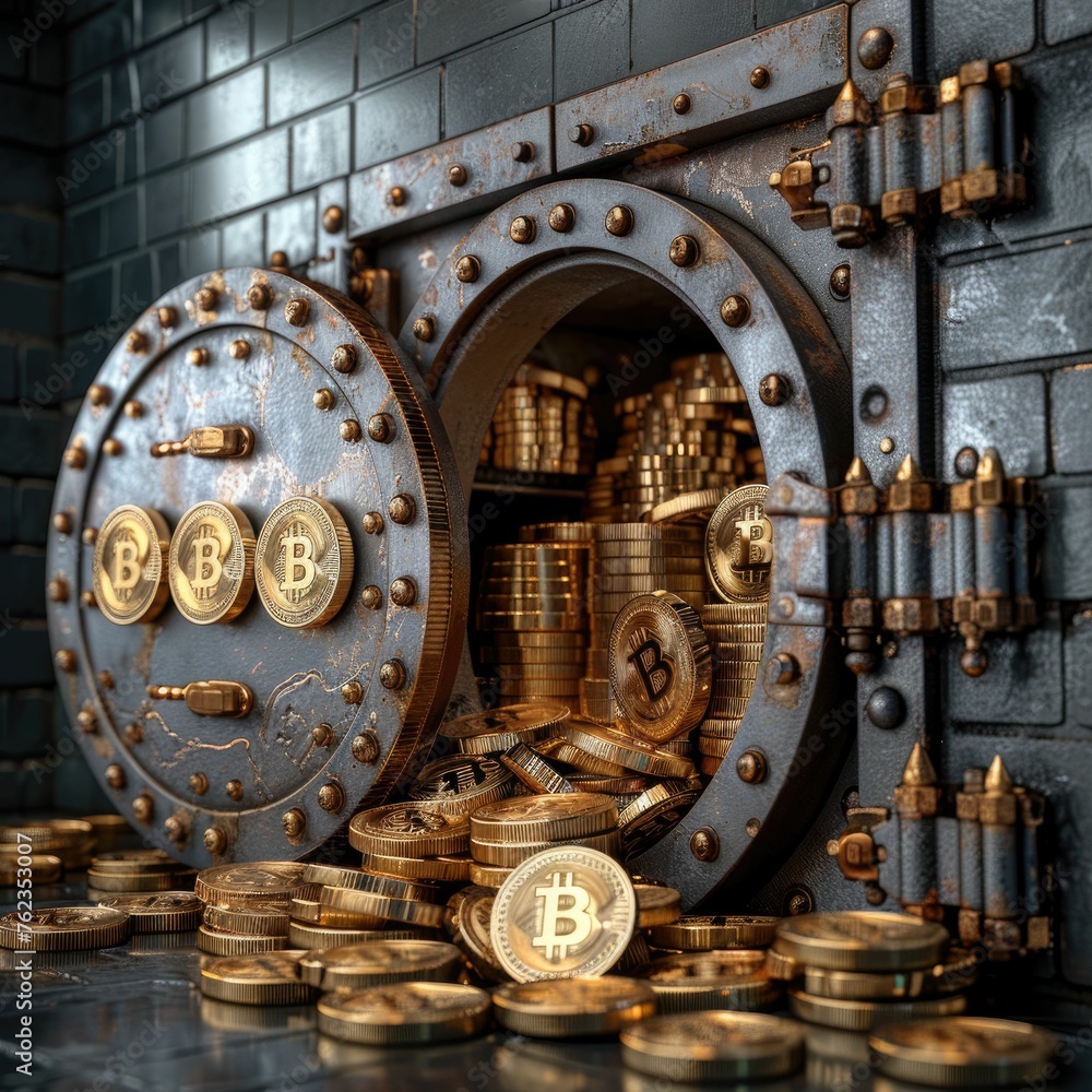 A vault door swings open to reveal a stash of bitcoins, representing the safeguarding of digital wealth in uncertain times