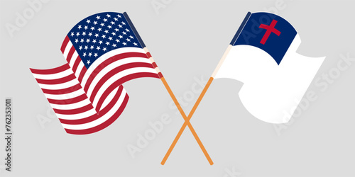 Crossed and waving flags of the USA and christianity