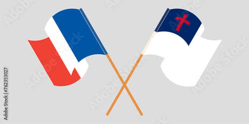 Crossed and waving flags of France and christianity