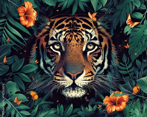 tiger; jungle foliage; digital artwork; vibrant flowers; orange; green; animal portrait; wildlife; nature; illustration; tropical; exotic; flora; fauna; majestic; fierce; animal face; wild cat; predat