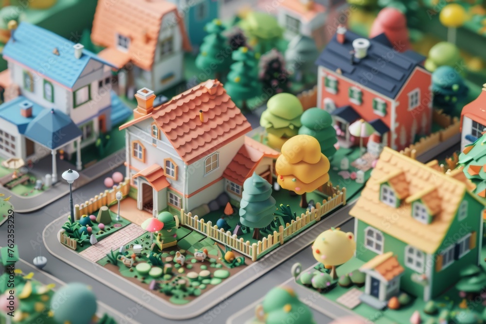An isometric 3D view of a cute miniature village with pastel-colored houses, tiny gardens, and animated animal villagers going about their daily tasks