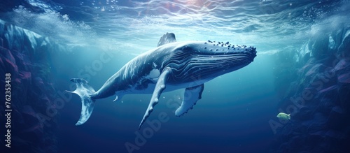 A humpback whale, a type of cartilaginous fish, gracefully swims underwater in the fluid environment of the ocean, alongside other marine biology such as sharks and fish © 2rogan