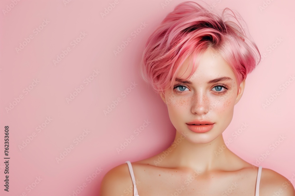 young woman with beautiful pink short hair on pastel pink background, hair salon ad