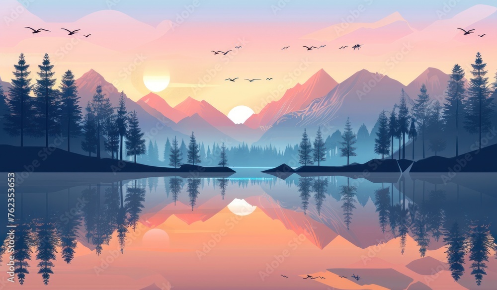 Fototapeta premium Tranquil Dusk: Serene Lake and Mountains in Sunset Splendor - Generative AI