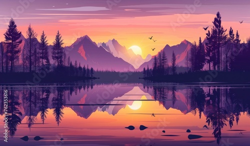 Tranquil Dusk: Serene Lake and Mountains in Sunset Splendor - Generative AI