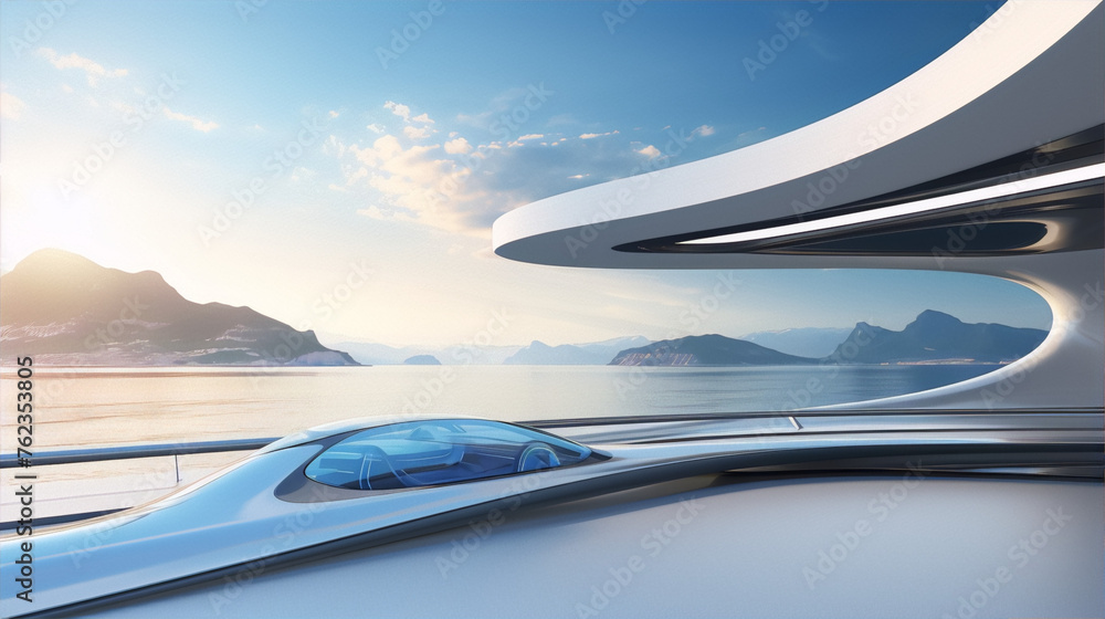 Futuristic interior of a luxury yacht with panoramic windows overlooking the ocean.