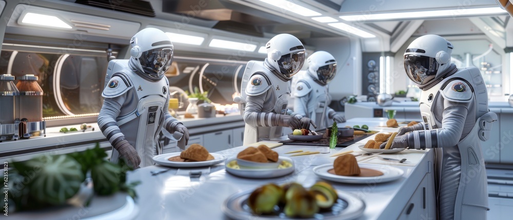 An immersive 3D depiction of a spaceship kitchen, with astronauts preparing meals using advanced food technology An immersive 3D depiction of a spaceship kitchen, with astronauts preparing meals using advanced food technology