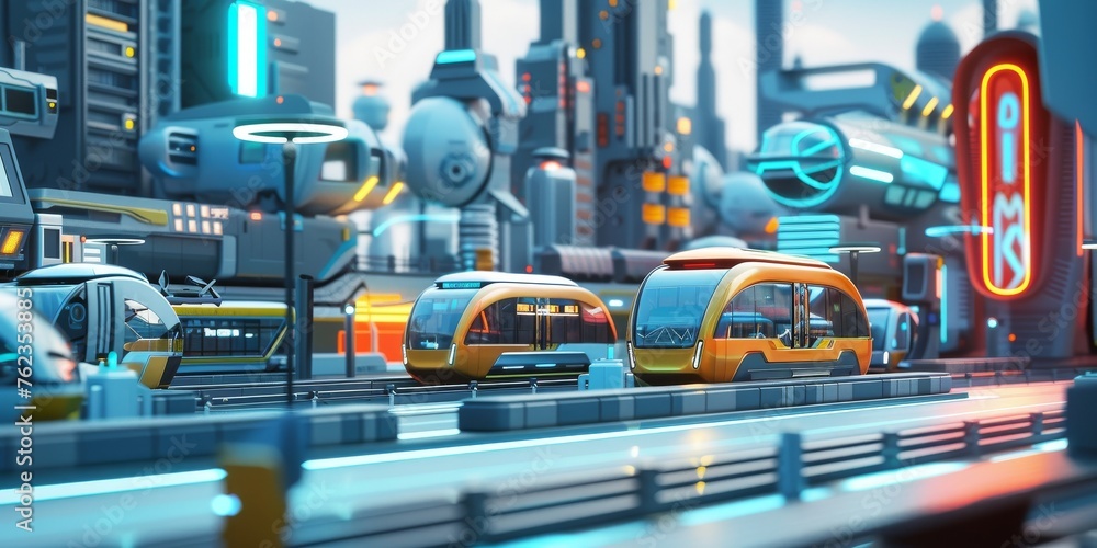 A 3D scene showing a futuristic public transport system with levitating buses and trains moving through the city