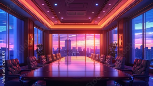 Office meeting room with cityscape and sunset. 3D rendering.