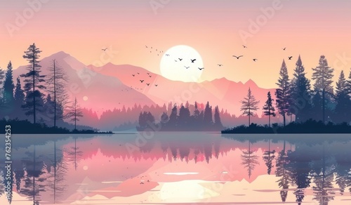 Tranquil Dusk: Serene Lake and Mountains in Sunset Splendor - Generative AI © Gelpi