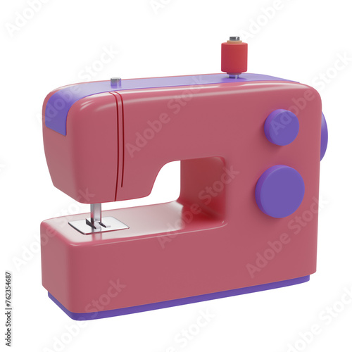Pink sewing machine with thread isolated on white background. 3d rendering       