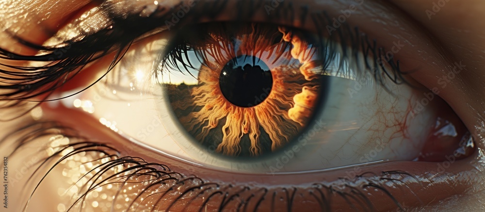 A closeup of a browneyed woman with an electric blue sunflower reflected in her eye. The symmetry and detail in her eyelashes and nerve circle create a stunning piece of macro photography art