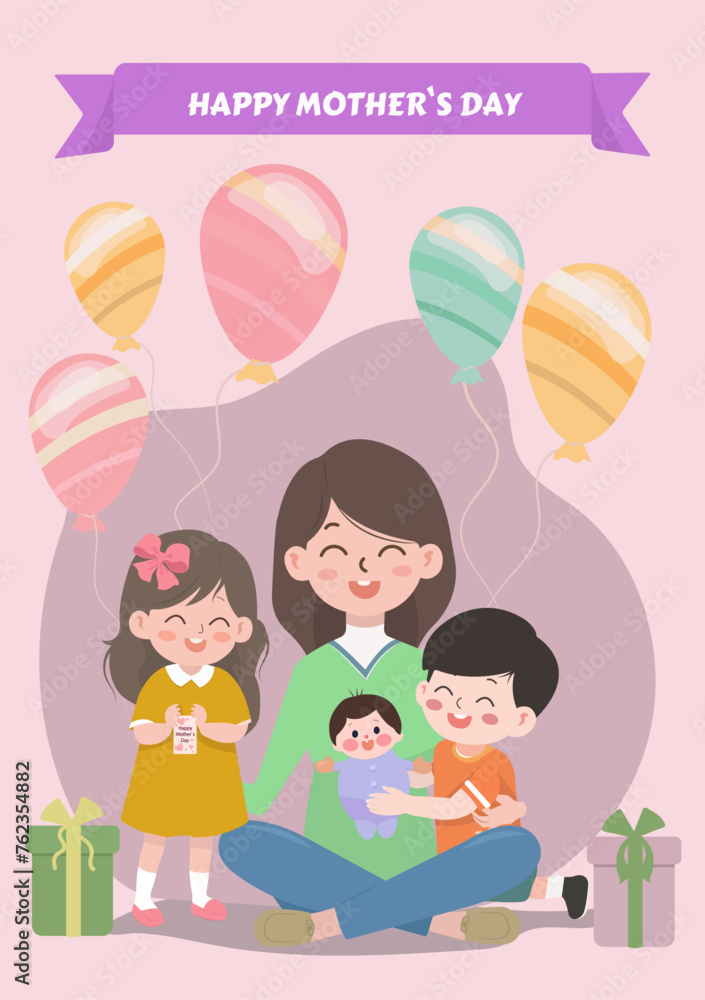 Happy Mother`s Day greeting card. Happy mama with three kids, gifts and air balloons. Vector cartoon flat illustration Happy Mother`s Day greeting card. Happy mama with three kids, gifts and air balloons. Vector cartoon flat illustration