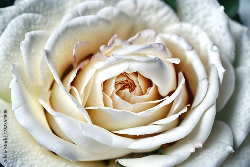 An ethereal view of a white rose surrounded by its pure petals  realistically presented in detailed