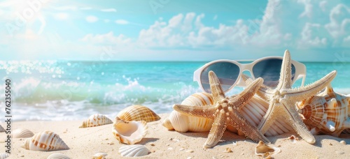 Summer Escapade: Starfish and Seashells Adorning Sunny Beach - Generative AI