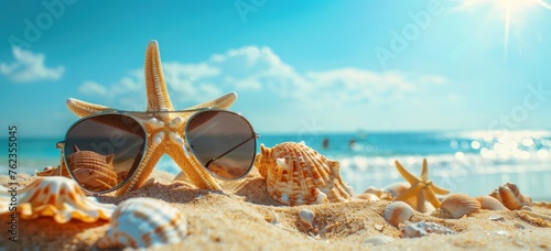 Summer Escapade: Starfish and Seashells Adorning Sunny Beach - Generative AI © Gelpi