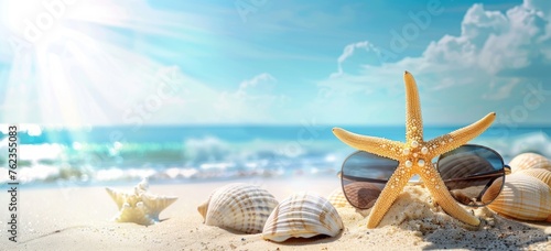 Summer Escapade: Starfish and Seashells Adorning Sunny Beach - Generative AI