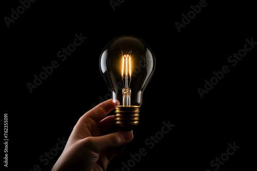 Hand holding glowing light bulb on dark background, copyspace for text, creative innovation concept