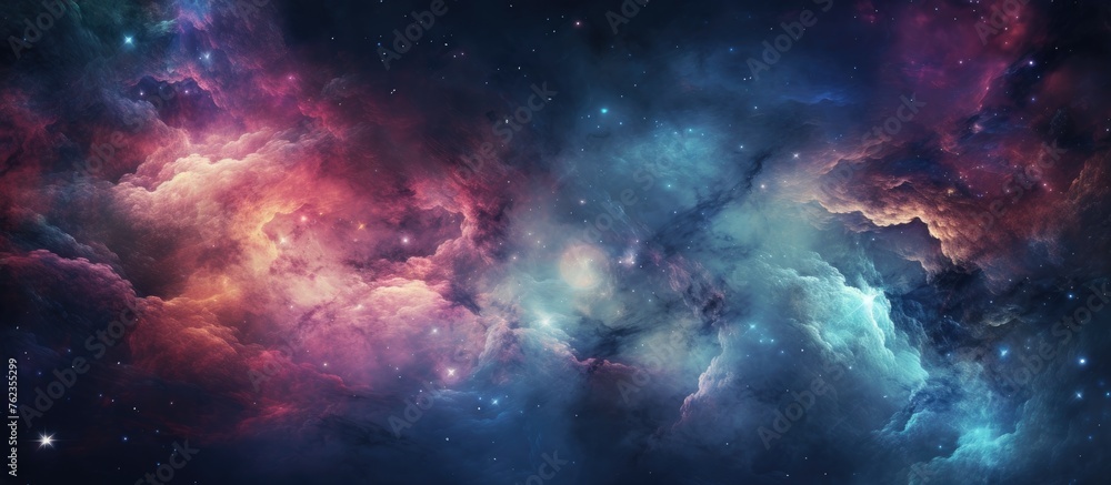 An artistic representation of a vibrant galaxy in space, with gas clouds creating electric blue hues. Combining elements of art and science in a cosmic font