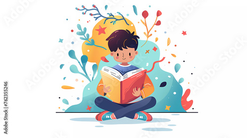 Boy reading the book ,world book day concept.flat vector illustration.