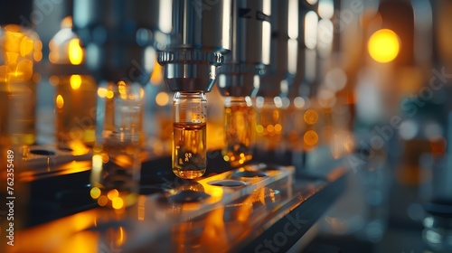 Precision Glassware Apparatus in Amber-Hued Distillation Process for Industrial Chemical Research and Development photo