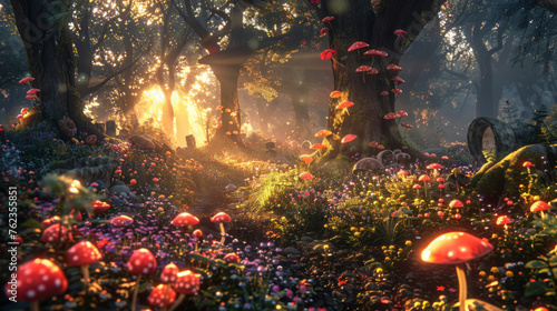 Sunset in an enchanted forest with a path lined by red mushrooms and flowers, casting a magical glow.