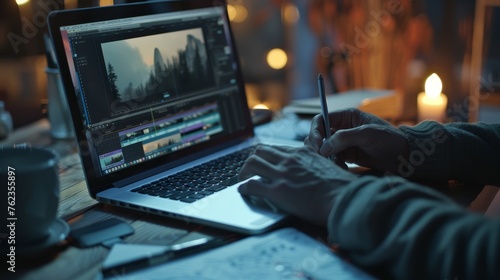 Creative LateNight Editing Skilled Hands Trim Footage with Stylus on Laptop Storyboards and Coffee