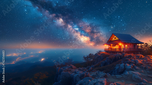 Beautiful night landscape with a wooden house on the top of the mountain. Camping on the beach. Night sky with stars and milky way.