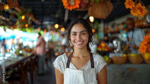 A hispanic woman wearing an apron standing in front of a restaurant outdoors. Smiling and positive. Cook person 