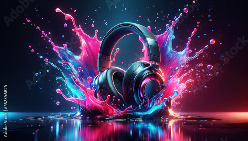 headphones with a sleek and stylish design, floating amidst a dynamic splash of neon pink and blue water.