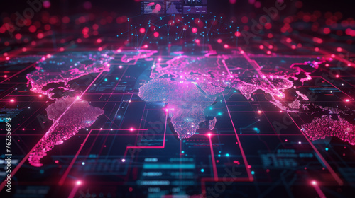 A high-tech digital interface showcasing a world map with data analysis visualizations and glowing connections symbolizing global information flow.